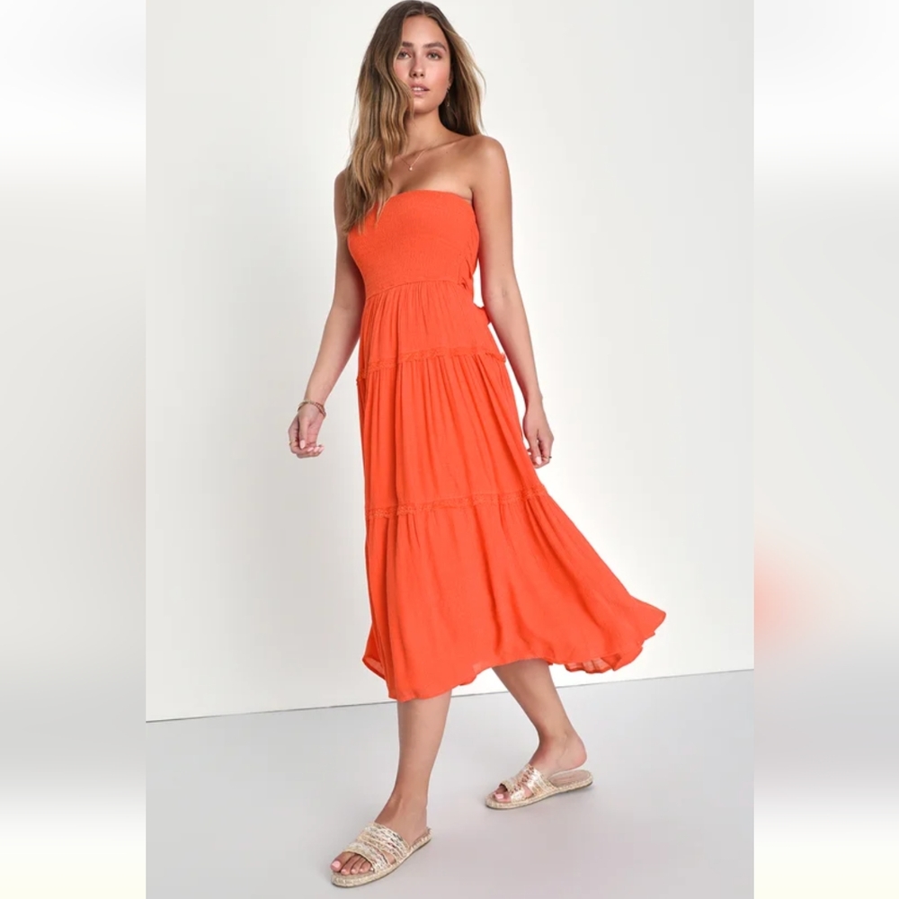 NWT Lulu's Radiant Sweetness Coral Strapless Tiered Tie-Back Midi Dress